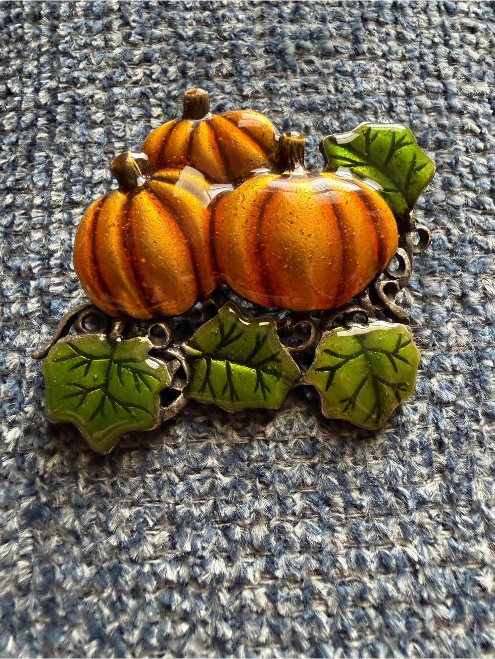 AJC Signed Vintage Pumpkin & Green Leaf Enamel Brooch Autumn Theme Festive Pin